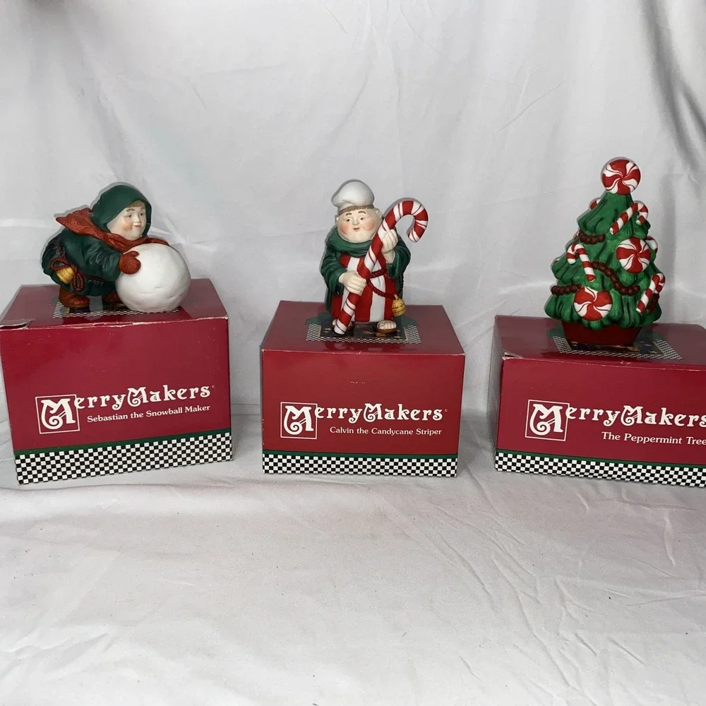 3 Dept 56 Merry‎ Makers. Snowball Maker Candy cane Striper And Peppermint Tree